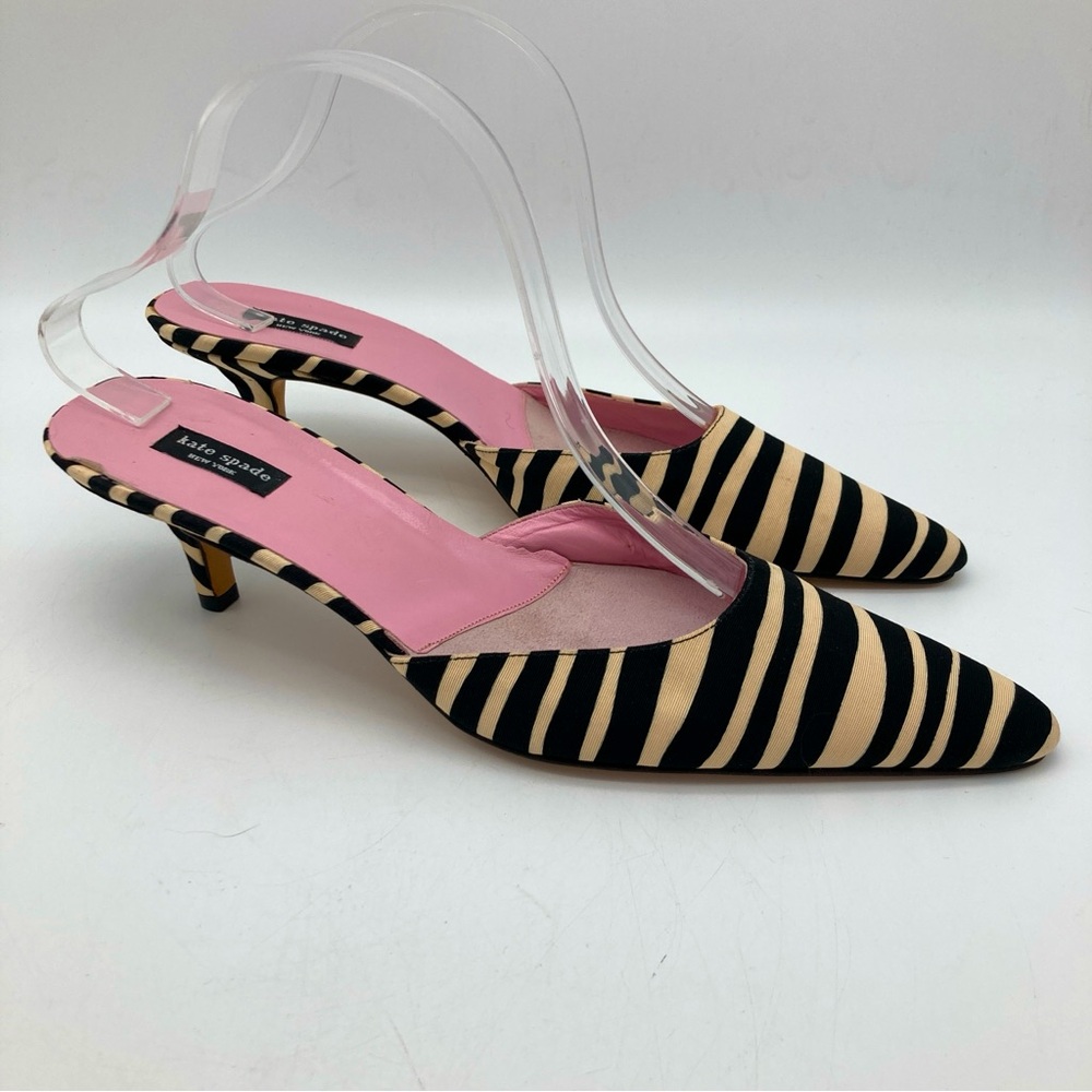 Kate Spade Black and Cream Animal Striped Pointed Kitten Heels